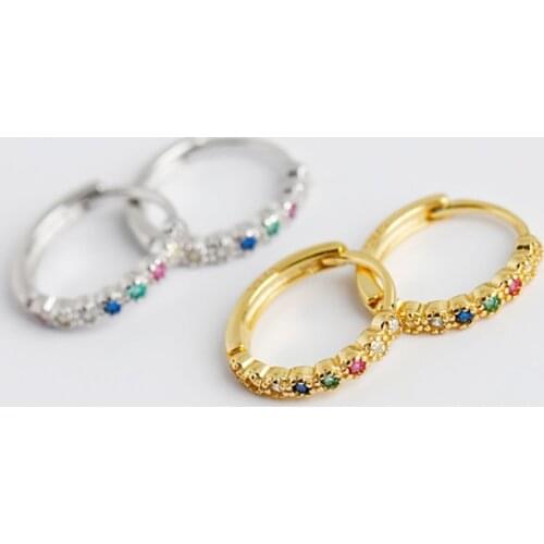 Fashion Real 925 Sterling Silver Round Colorful Zircon Ear Buckle for Women Simple Unisex Rock Earrings Jewelry Gift