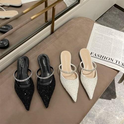 Pointed Bling Chain Slippers Summer Shallow Casual Slip On Low Heel Mules Loafer Flat Slides Sandals Beach Shoe Zapatillas Mujer
