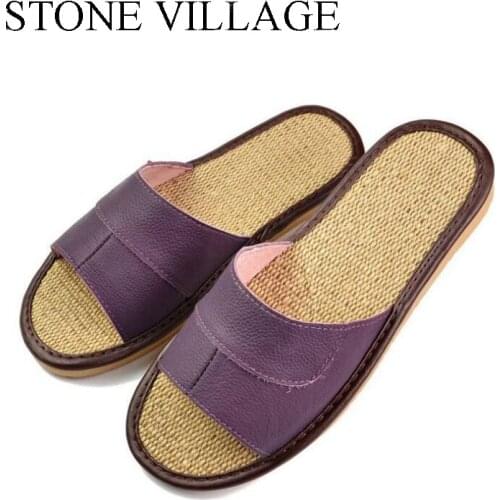 STONE VILLAGE Genuine Leather Summer Linen Slippers Women Men Slippers High Quality Cow Leather Slippers Indoor Home Slippers
