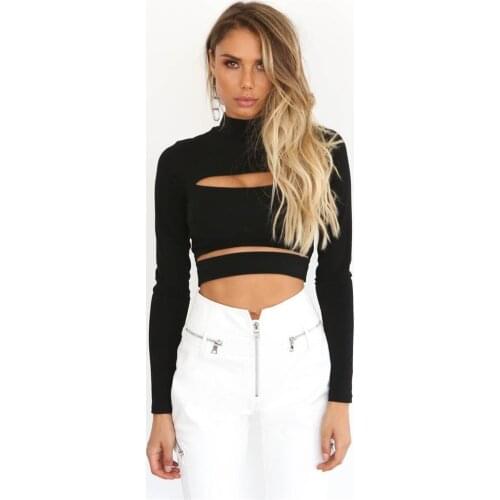 Ribber Turtleneck Top Women Hollow Out Casual Long Sleeve T Shirt Skinny Autumn Winter Slim Tee Lady Clothing