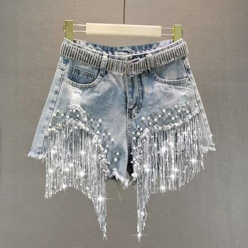 Female Denim Shorts 2020 Summer Wear New High Waist Slimming Heavy Beaded Sequin Fringed Ripped Wide Leg Pants Jeans Hot Pants