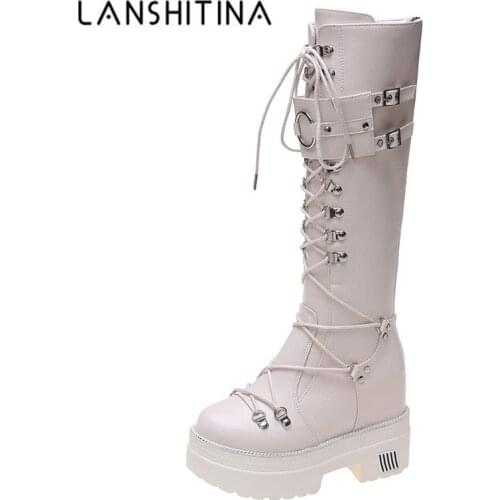 2020 Chunky Platform Leather Knee High Boots Women Retro Punk Height Increasing Long Boots Woman Lace Up Booties Winter Mujer