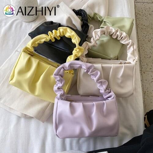 Retro Women Candy Color Shoulder Messenger Bags PU Leather Female Pleated Ruffle Fashion Totes Purse Handbag Soft Clutch