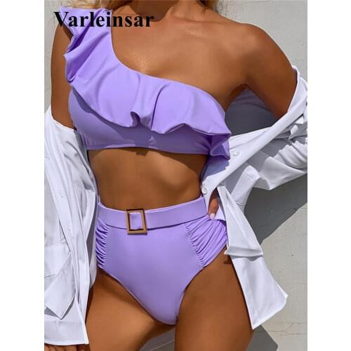 One Shoulder Ruffled Female Swimsuit High Waist Bikini Women Swimwear Two-pieces Bikini set Belt Bather Bathing Suit Swim V2866
