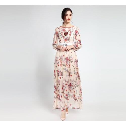 2021summer New Arrival Fashion A-Line O-Neck Full Sleeve Sequined Flower Print Elegant Ankle-Length Long Dress Women