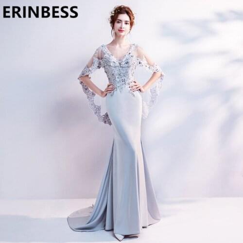 Sexy Silver Appliques Evening Dresses Mermaid V Neck Half Sleeeve Sweep Train Long Floor Length Formal Party Gown For Women