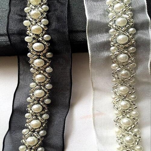 5Yards Beading Pearl Trims Beaded Ribbon For Sewing Clothing Collar Black Organza Beads Lace Decoration