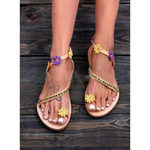 Free shipping Europe and America sweet flowers flat toe sandals female beach shoes large size