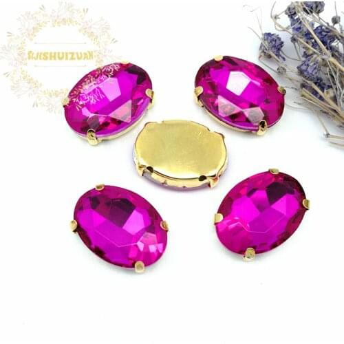 Free shipping! Rose red Crystal Glass Sew-on OVAL Rhinestones with gold Claw DIY wedding Dresses and Clothes