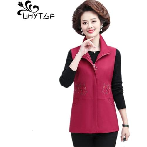 UHYTGF Elegant Mother Spring Autumn Vests For Women Fashion Embroidered Sleeveless Female Thin Waistcoat 5XL Plus Size Coat 2153