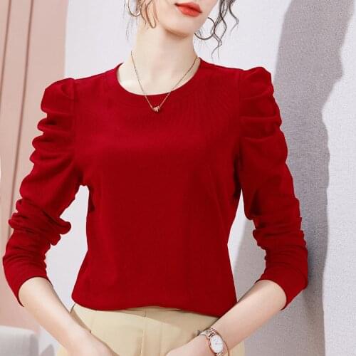 Puff Long Sleeve T Shirt Wome Folds T-shirt Cotton 2021 Spring Autumn Tops Woman Clothes Womens Korean Fashion Tee Shirt Femme