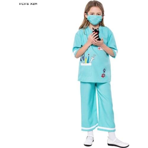 Blue Girls Halloween Doctor Costumes Children kindergarten Nurse role playing game Cosplay Carnival Purim Masquerade Party dress