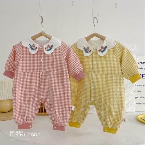 2021 Winter New Baby Girls Onesie Long Sleeve Embroidered Infant Girls Romper Double Layer Vintage Jumpsuit Thin Cotton 0-24M