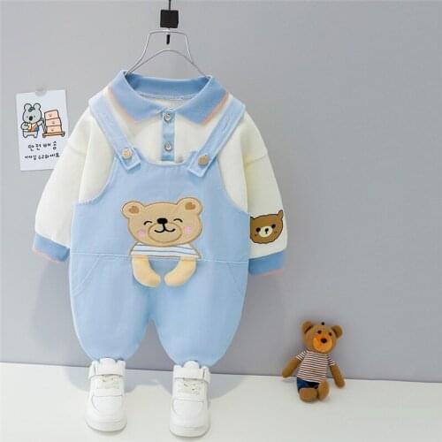 Spring New Cartoon Bear Baby Boy Clothes Set For Toddler Infant Long Sleeve Top + Overalls Girl Outfits Casual Childrens Suits