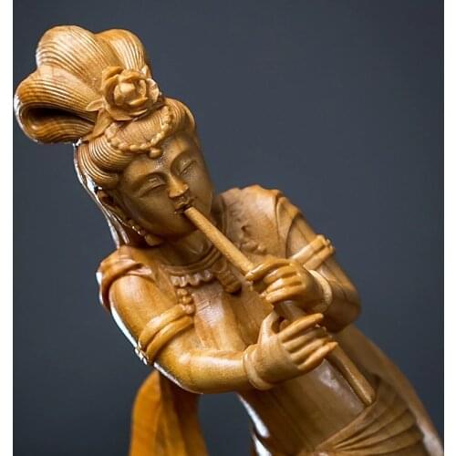 39cm Boxwood Beauty Sculpture Solid Wood Crafts Pipa Dunhuang Flying Fairy Chinese Style Statue Living Room Decoration Ornaments