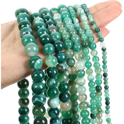 15"Strand Natural Stone Beads Smooth Green Striped Agates Round Loose Beads For Jewelry Making Necklace Bracelet 4-12mm