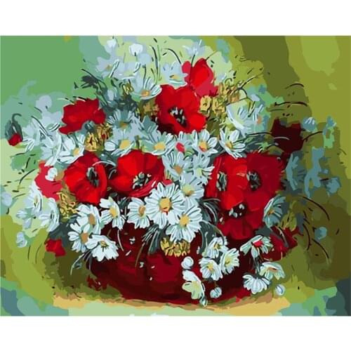 DIY Digital Painting By Numbers Package Red and white flowers oil painting mural Kits Coloring Wall Art Picture Gift frameless