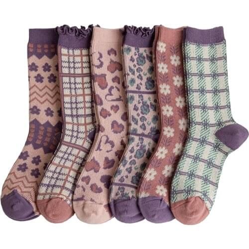 2 Pair Fashion New Cute Flowers Printing Socks Women Long Winter Ruffle Socks Cotton Ladies Warm Chaussettes Femmes Socken Damen