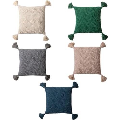Nordic Style Solid Color Throw Pillow Case with Tassels Chenille Cable Knitted Striped Pattern Decorative Square Cushion N0PA