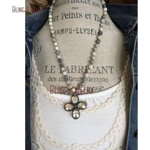 Tree Agates Beads Necklace Gunblack Flower Solder Cross Crystal Pendant Necklace with Deerskin Leather Necklace NM15522
