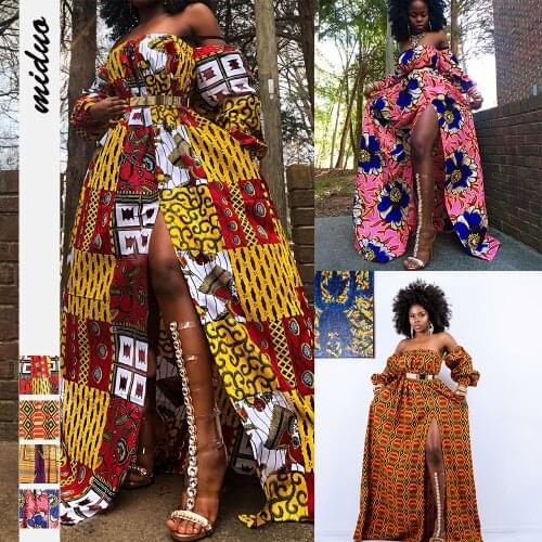 Factory Direct Sales African Style Digital Womens Printed Wear Summer Long-Sleeve off-Neck Split Dress Popular in Indonesia
