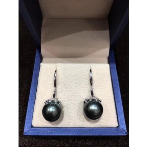 11-12MM natural tahitian black pearl drop earring 18K white gold with diamond fine women jewelry free shipping