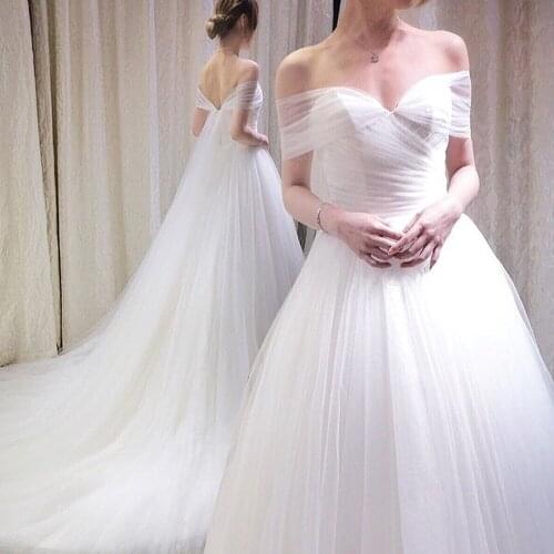 Off Shoulder Wedding Dresses Pleated Tulle A-line Bride Dress Cheap Long Beach Bridal Gowns Custom Made