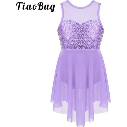 TiaoBug Kids Teens Sequins Asymmetrical Gymnastics Ballet Leotard Dress Children Girls Figure Ice Skating Lyrical Dance Costumes