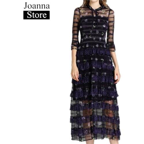 Spring Printed Lace Stitching Long Dress Women O-Neck Trumpet Sleeve Vintage Slim Party Dresses Elastic Force Plus Size Clothes