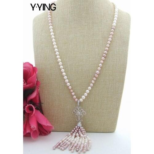 Y·YING natural Freshwater Cultured Multi Color Pearl Tassel Necklace Cz Pave Pendant sweater chain necklace