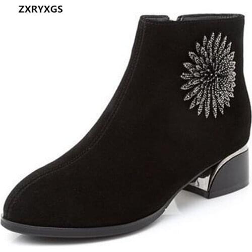 New Top Frosted Cowhide Rhinestone Black Shoes Fashion Ankle Boots Large Size Thick Heel Autumn Winter Shoes Woman Warm Boots
