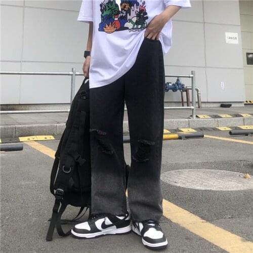 Womens Ripped Jeans 2021 Fashion New Streetwear High Waist Wide Leg Denim Pants Harajuku Gradient Color Straight Baggy Trouser