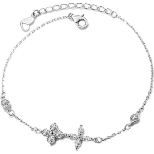 Fashion Accessories S925 Sterling Silver Diamond White Gemstone Four Leaf Bracelet Woman Lucky Clover Leaf Bracelet