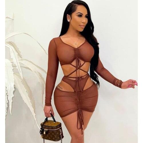 Dresses For Women 2021 Casual 2 Piece Sets Ladies Outfits Long Sleeve Short Skirt V-neck Hollow Out Net Yarn Breathable Suit