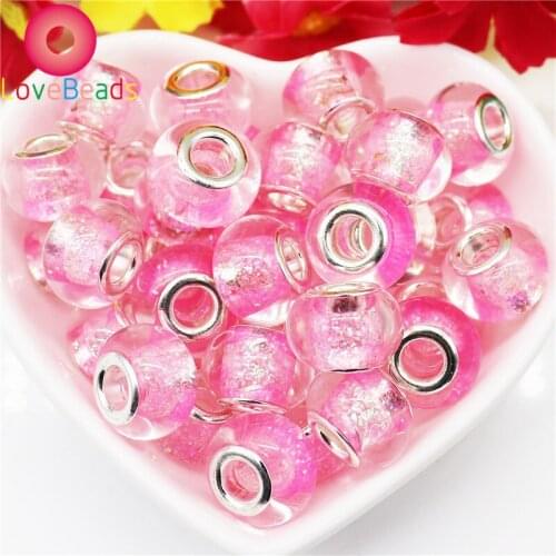 10 Pcs Set Pink Color Glass Glitter Powder 16mm Big Round Loose Large Hole Beads Silver Plated for Women DIY Snake Chain Jewelry