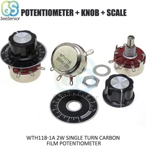 100K Ohm WTH118 DIY Kit Parts 2W 1A Single Turn Carbon Film Potentiometer + Knob + Scale