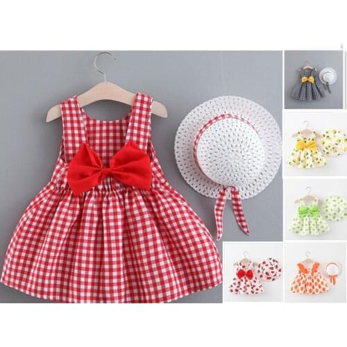 2021 New Fashion Baby Girl Dresses Princess clothing Cute 2pcs set Party Cotton Flower Children Bow Hat Sleeveless Sweet 1-2Y