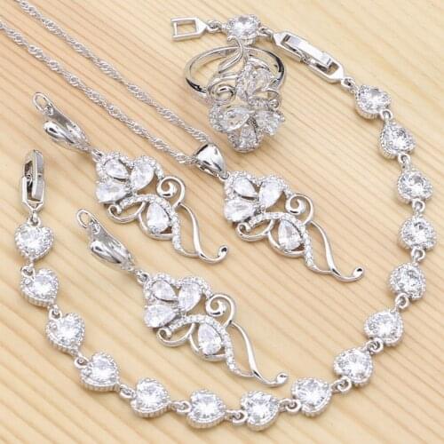925 Silver Bridal Jewelry Set for Women White Cubic Zirconia Crystal Ring Bracelet Necklace Pendant Earrings Wedding Jewelry Kit