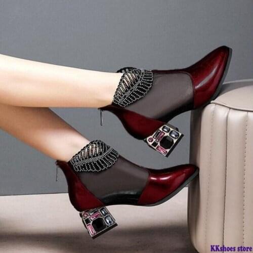 New Sexy Sandals Boots Women Mid Heels Ankle Boot Patent Leather Mesh Thick Heel Pointed toe Shoes for Woman Zip Black Red
