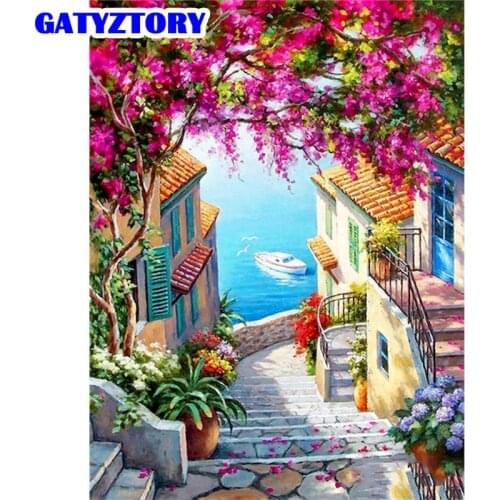 GATYZTORY Frame Seaside Houses Painting By Numbers Kits For Adults Handmade Unique Gift Acrylic Oil Painting Color Linen Canvas