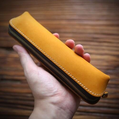 Leather Handmade Retro Pencil Case First Layer Cowhide Storage Bag Pure Color Coin Purse Student Stationery School Supplies