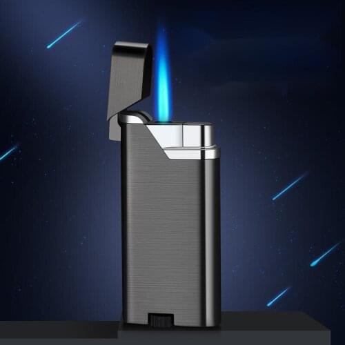 Metal inflatable open cover press straight blue flame windproof lighter ultra thin creative personality lighter