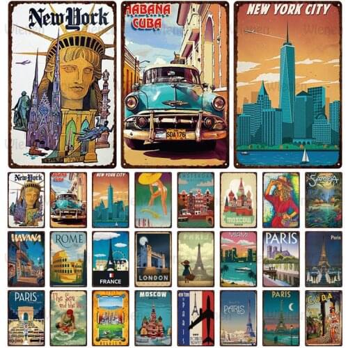 Metal Tin Signs Vintage Poster International City New York & Paris & Moscow Iron Decoration Plaque Cafe Bar Home Decor Wall Art