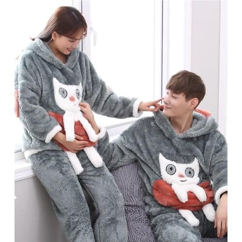 Lovely Couples Pajamas Sets Women Autumn Winter Pajamas Cartoon Thick Flannel Warm Sleepwear Cute Animal Female Homewear