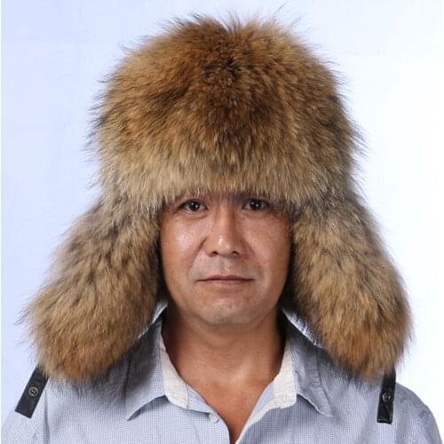NGSG men real silver fox fur bomber hat father winter snow cap genuine leather trapper man hat with earflaps cap earmuffs male