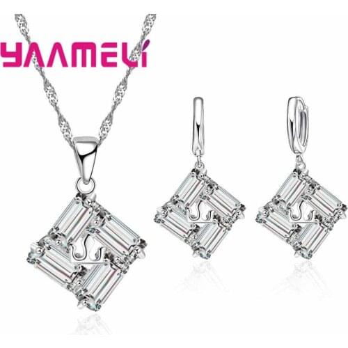 Hot Sale Solid Cubic Zircons Women Wedding 925 Sterling Silver Jewelry Sets Necklace Drop Earring Female Birthday Gifts