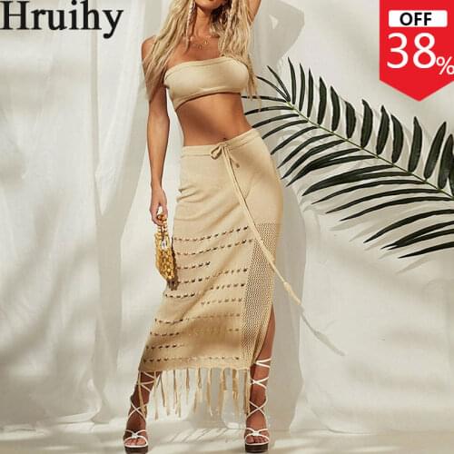 New 2 Piece Sets Womens Outfits Hollow Out Wrap Chest Long Skirt Two-piece Lace-up Hem Split Fringed Holidays Beach Skirt Set