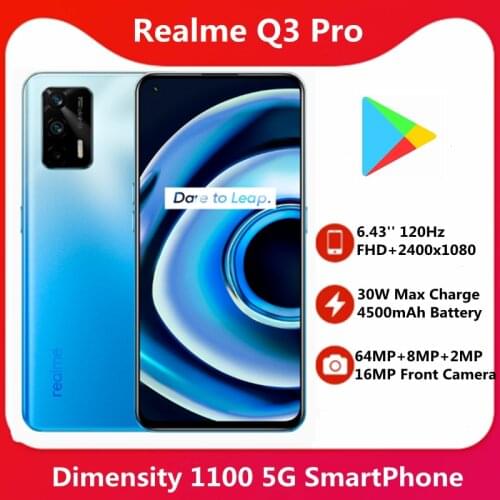 Send in 24 Hours! Realme Q3 Pro 6.43'' 120Hz AMOLED Screen Dimensity 1100 64MP Main Camera 30W Fast Charge 4500mAh Battery