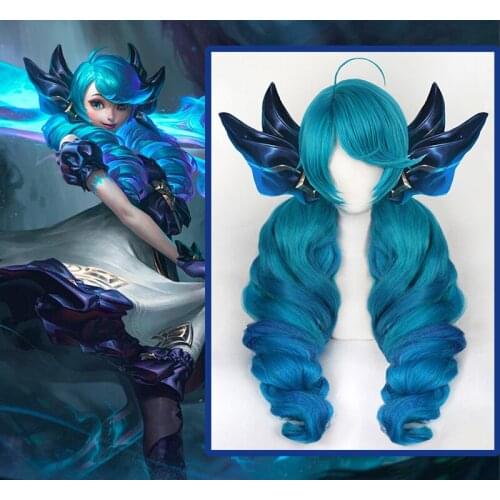 Game LOL Cosplay Wigs The Hallowed Seamstress GWEN Cosplay Wig Heat Resistant Synthetic Wig Blue Long Hairs Bunches Curly Cos