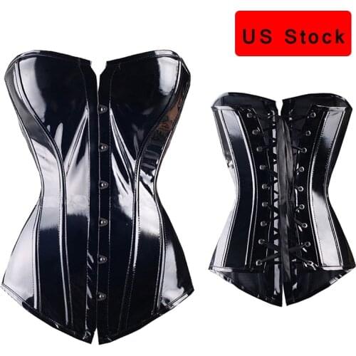 Sexy Women PVC Overbust Corset Steampunk Lingerie Top-Goth Corset Sexy Leather Waist Trainer